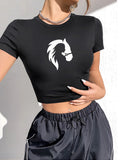 Damen cropped T-Shirt mit exklusivem Pferdemotiv und figurbetontem Schnitt R&B