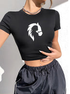 Damen cropped T-Shirt mit exklusivem Pferdemotiv und figurbetontem Schnitt R&B