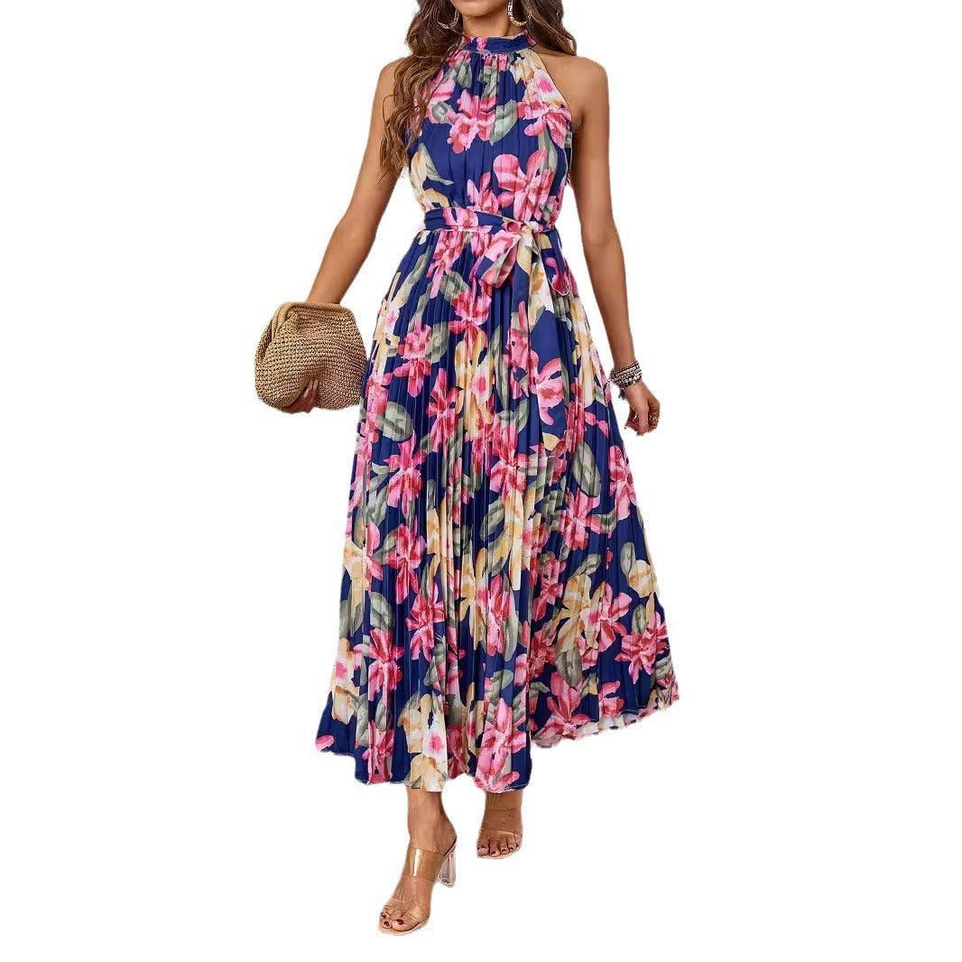 Damen Plissiertes Maxikleid mit tiefem Halterneck und floraler Taillierung R&B