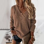 Damen Grobstrickpullover mit V-Ausschnitt und lässigem Schnitt R&B