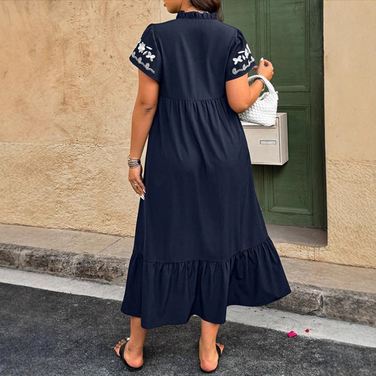 Damen Maxikleid mit floralem Stickdesign und voluminösem Rock R&B