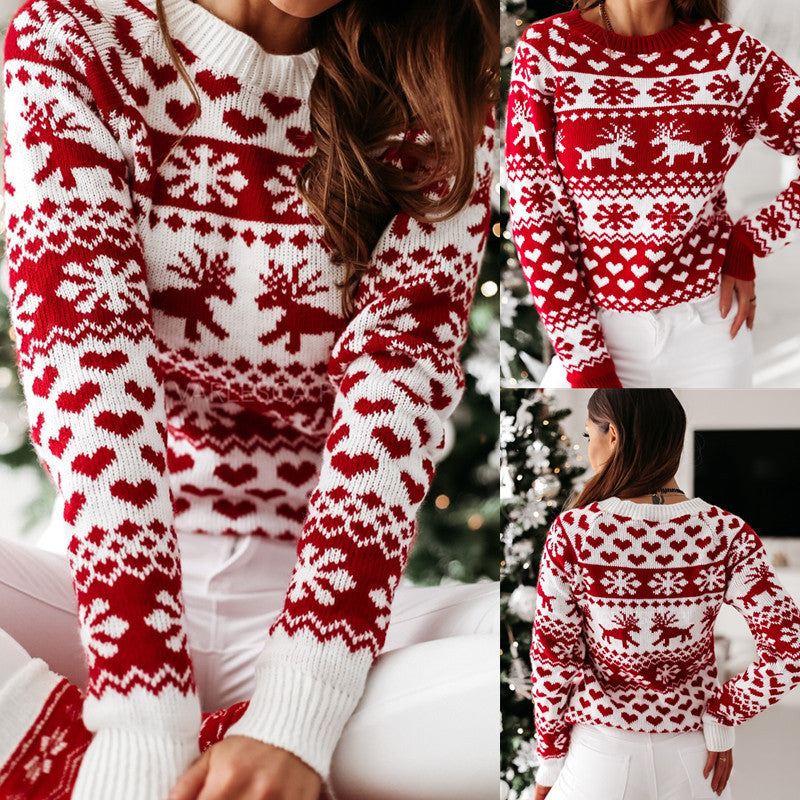 Damen Strickpullover mit weihnachtlichem Muster und Rundhalsausschnitt