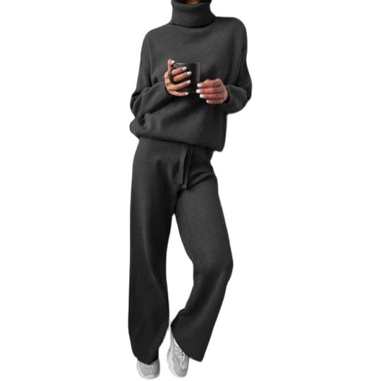 Damen elegantes Strick-Loungewear-Set mit hohem Kragen und weitem Bein R&B
