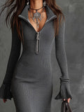 Damen Strickkleid mit elegantem Stehkragen und Reißverschluss R&B