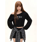 Damen nan einseitig offenes Cropped-French-Terry-Pullover mit voluminösen Ärmeln und Rippbund R&B