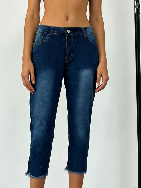 Damen lässige High-Waist Jeans mit fransigem Saum und angesagtem Schnitt R&B