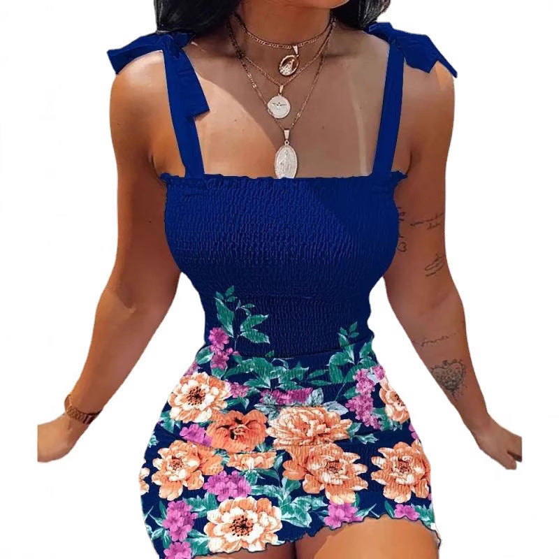 Damen Kurzkleid mit Blumenmuster und Spitzenträgern R&B