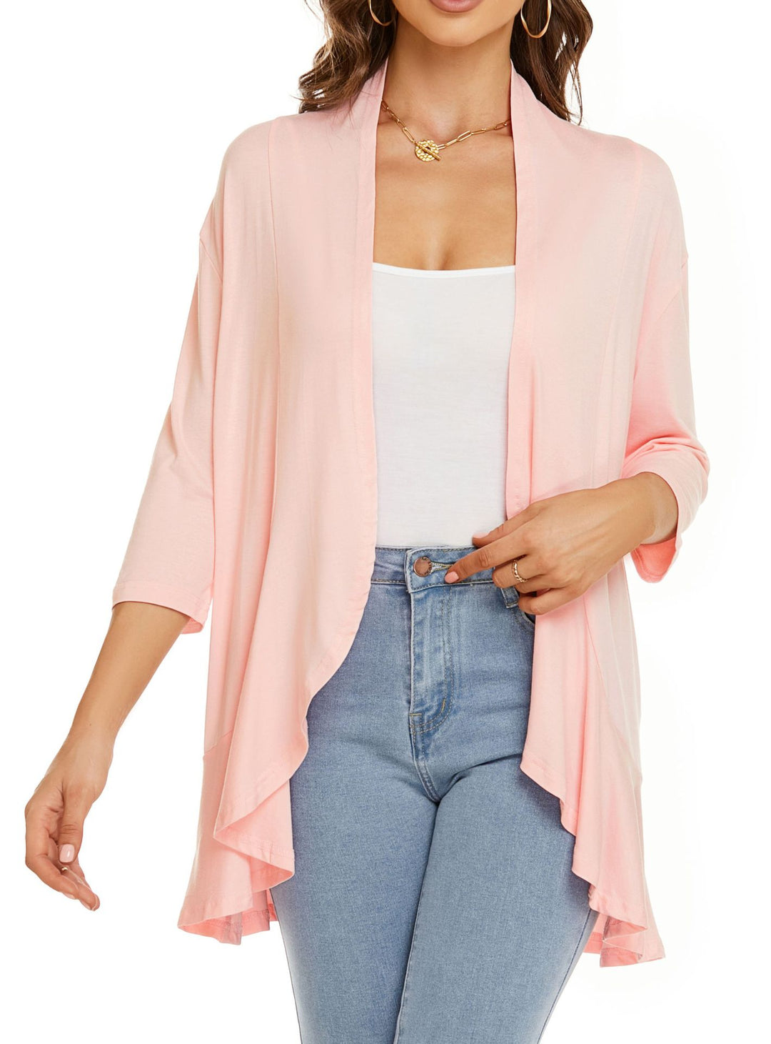 R&B | Einfarbige Strickjacke mit sieben Viertelärmeln und Rüschenrand