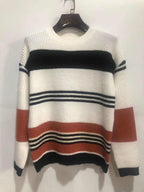 Damen lässiger Strickpullover mit hohem Schnitt und raffiniertem Streifenmuster R&B