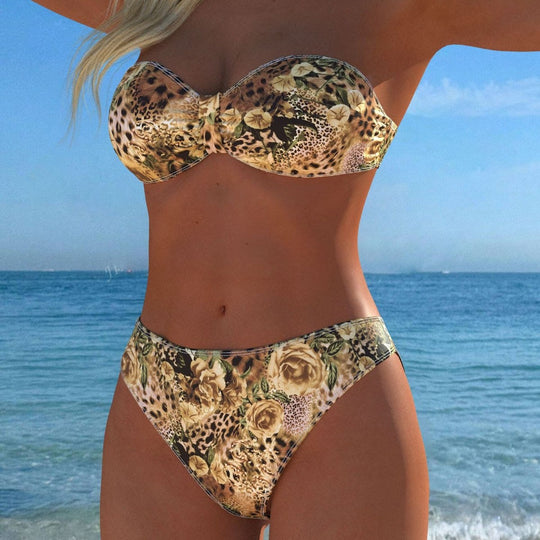 Damen Bandeau-Bikini mit floralem und animalischem Muster R&B