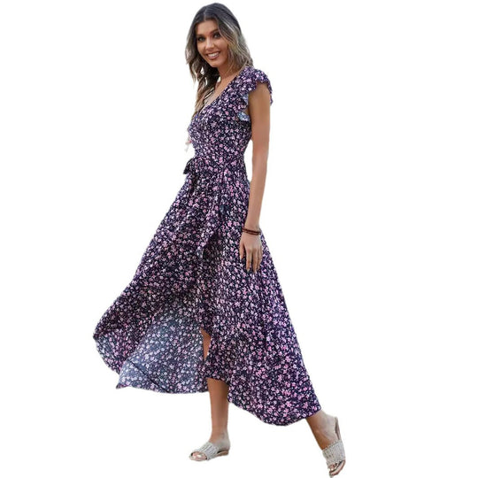 Damen Maxikleid mit verspieltem Flatterärmel und tiefem V-Ausschnitt R&B