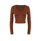 Damen cropped Langarmshirt mit V-Ausschnitt und elastischem Material EB
