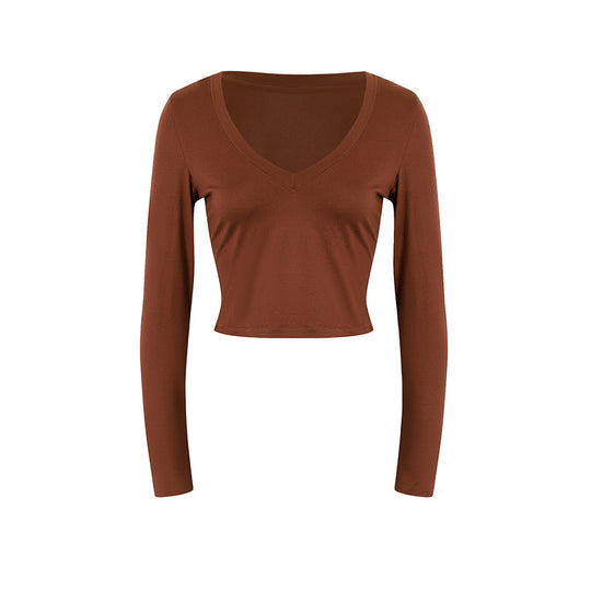 Damen cropped Langarmshirt mit V-Ausschnitt und elastischem Material R&B