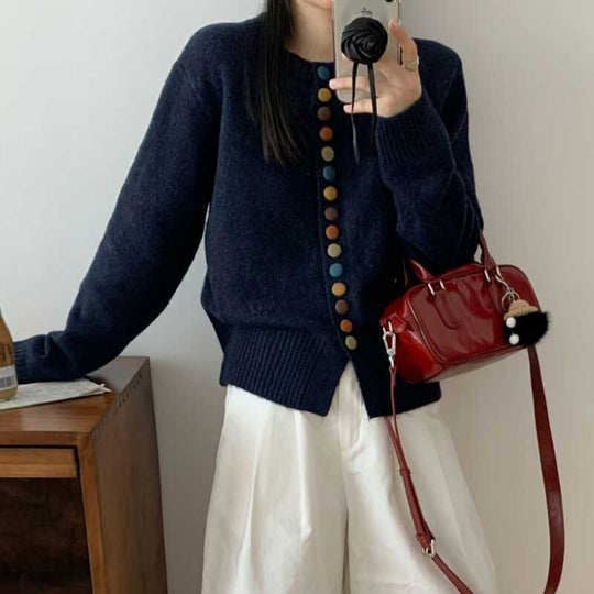Damen Strickcardigan mit bunten Knopfdetails und angenehmer Passform R&B