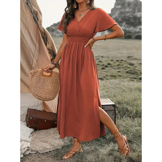 Damen Maxikleid mit fließendem Schnitt und Wickeldetails R&B