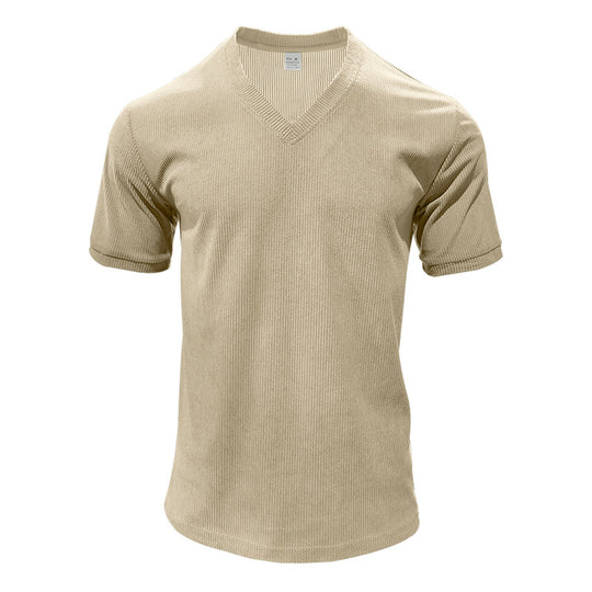 Herren nan strukturiertes V-Ausschnitt-Rippjersey-Shirt mit kurzem Arm und körpernaher Passform R&B
