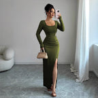Damen nan körpernahes Maxikleid mit Quadratausschnitt, taillierter Raffung und hohem Seitenschlitz R&B