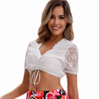Damen nan Retro Schlaghose Set mit Spitzen-Cropped-Top und bedrucktem Stirnband R&B