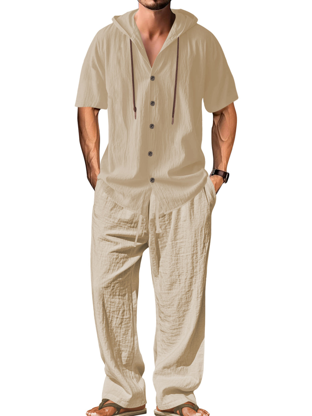 Herren nan luftiges Leinen-Lounge-Set mit kurzärmeligem Kapuzenhemd und gerader Relaxhose R&B