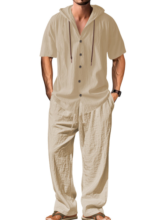 Herren nan luftiges Leinen-Lounge-Set mit kurzärmeligem Kapuzenhemd und gerader Relaxhose R&B