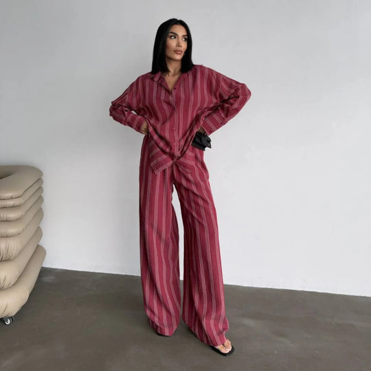 Damen gestreiftes Lounge-Set mit weiten Hosen und lockerer Bluse R&B