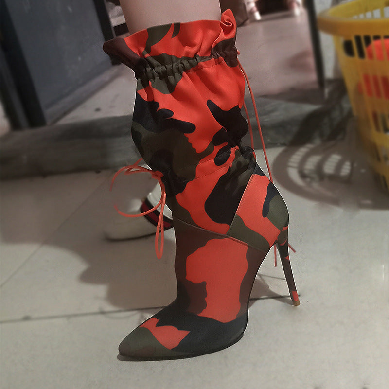 Damen High Heel Stiefel mit Camouflage-Design und Schnürung R&B