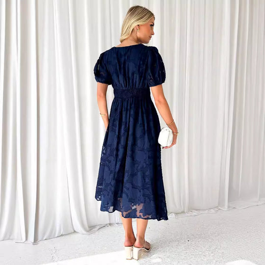 Damen Midi-Kleid mit grafischem Auschnitt und Puffärmeln R&B