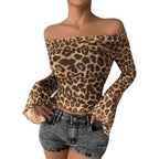 Damen nan tailliertes schulterfreies Netz-Crop-Top mit Leopardenmuster und ausgestellten Ärmeln R&B