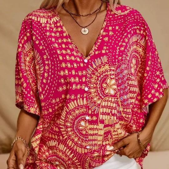Damen Strandbluse im lässigen Boho-Stil mit bunten Mustern und voluminösen Ärmeln R&B