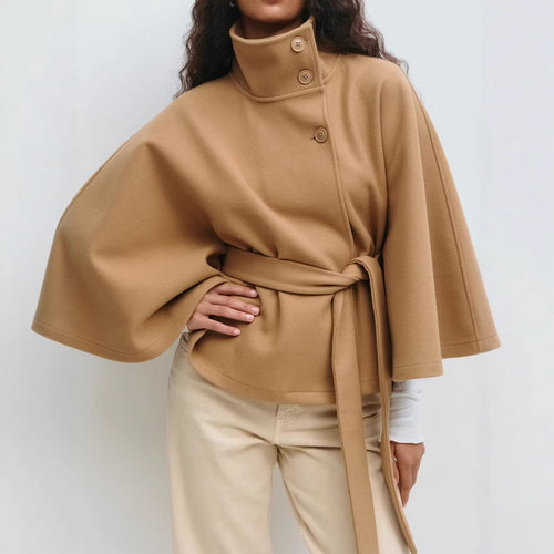 Damen Überwurfjacke mit hohem Kragen und taillierter Bindegürtel R&B