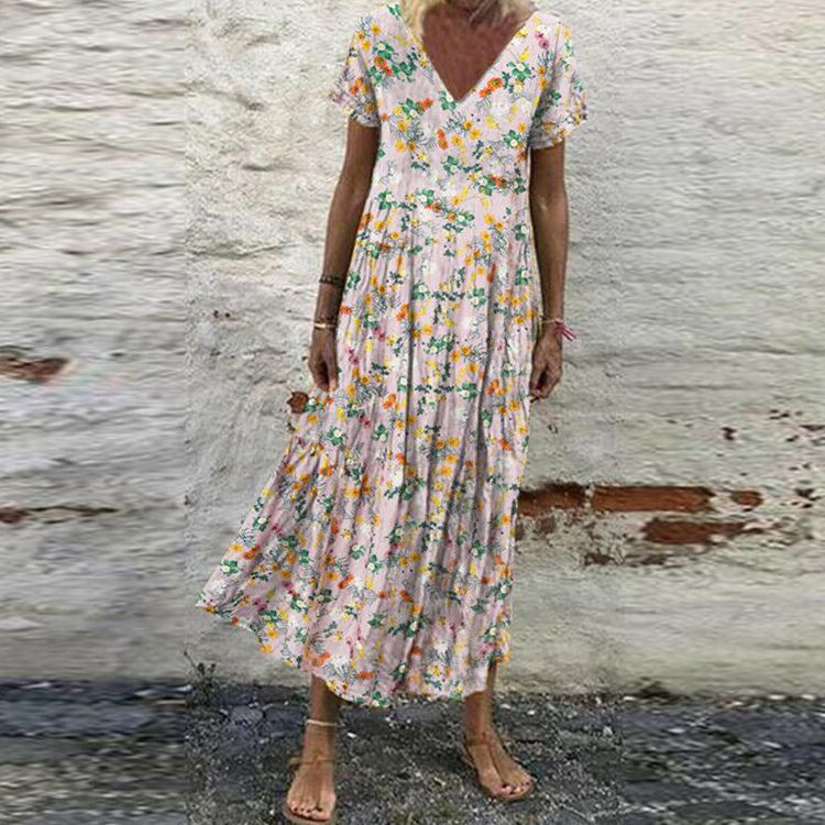 Damen nan V-Ausschnitt-Maxikleid mit feinem Faltenrock, Empire-Passe und Kurzarm R&B