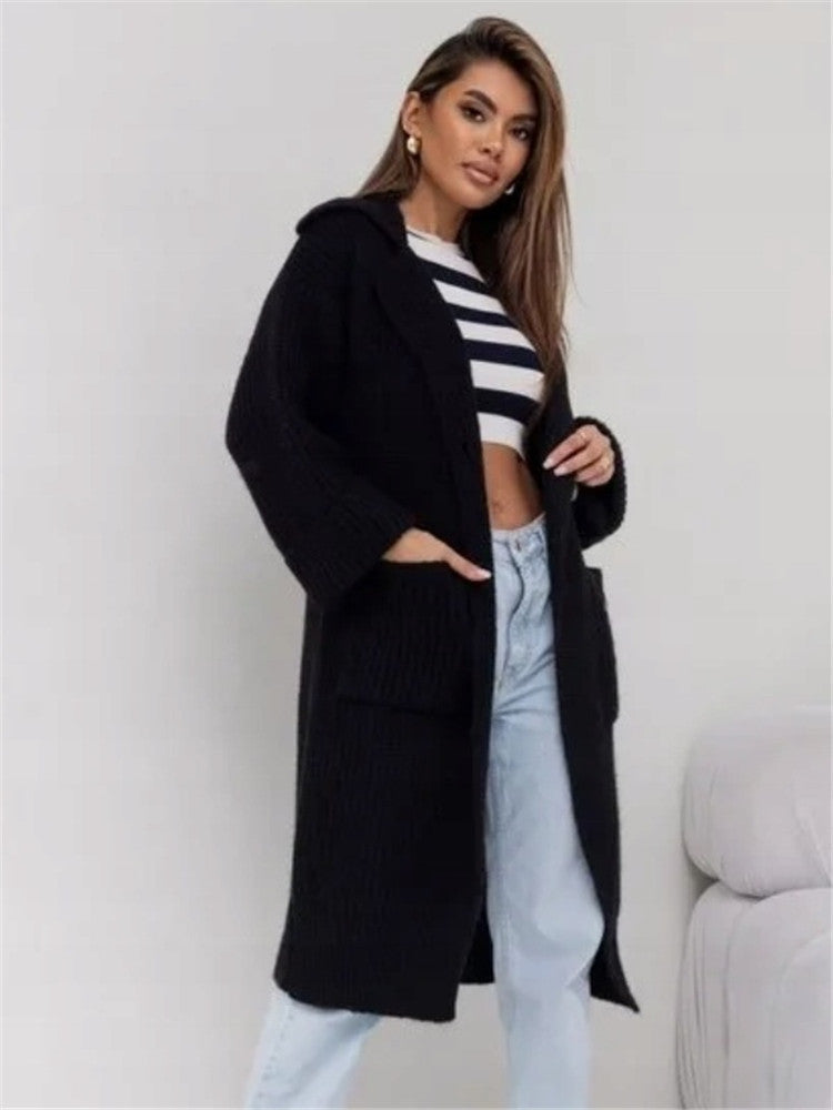 Damen Langstrickjacke mit großem Kragen und praktischen Taschen R&B