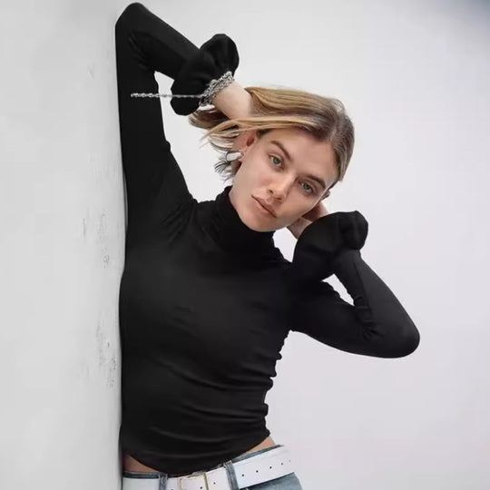 Damen Elegantes Longsleeve-Top mit hohen Kragen und Rüschendetails R&B