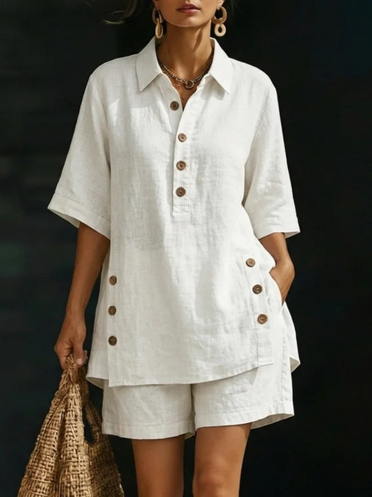 Damen nan luftiges Leinenoptik-Zweiteiler mit Oversize-Hemdbluse, Knopfleiste und Bermuda-Shorts R&B