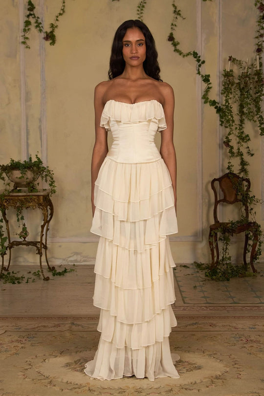 Damen Elegantes, schulterfreies Maxikleid mit fließenden Rüschen R&B