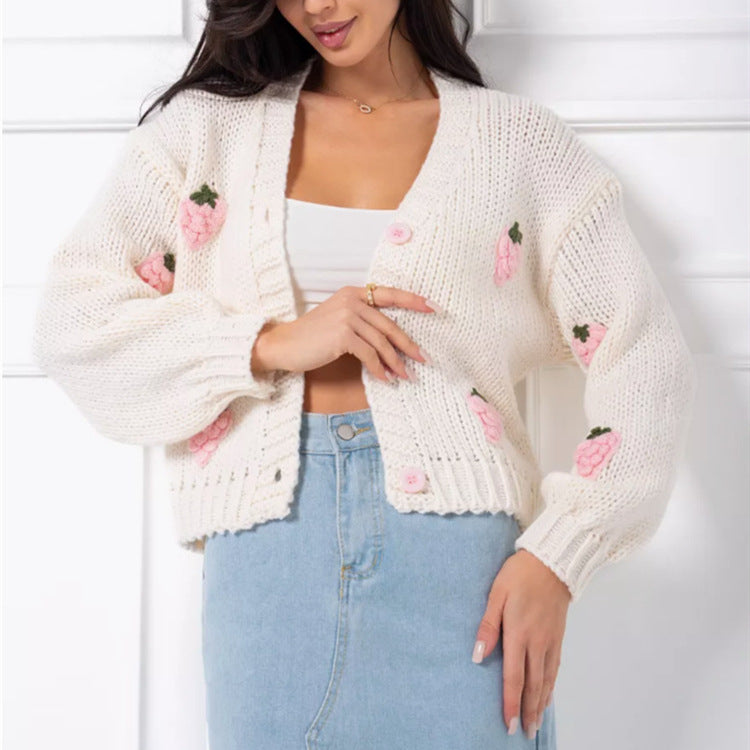 Damen Strickjacke mit floralem Stickdesign und geripptem Bund R&B