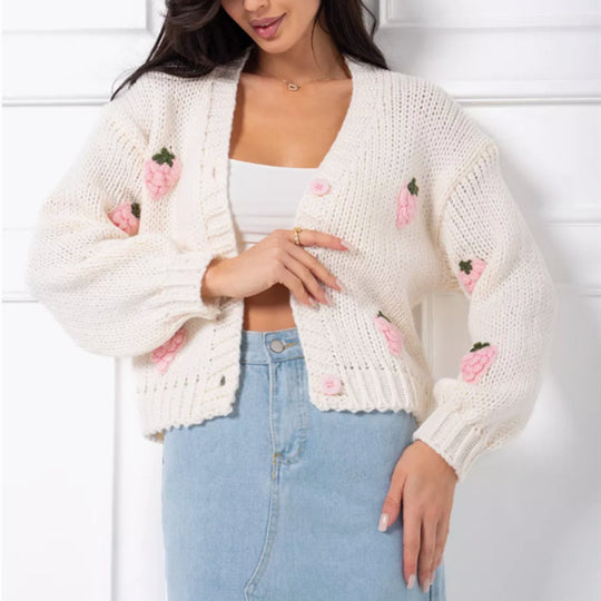 Damen Strickjacke mit floralem Stickdesign und geripptem Bund R&B