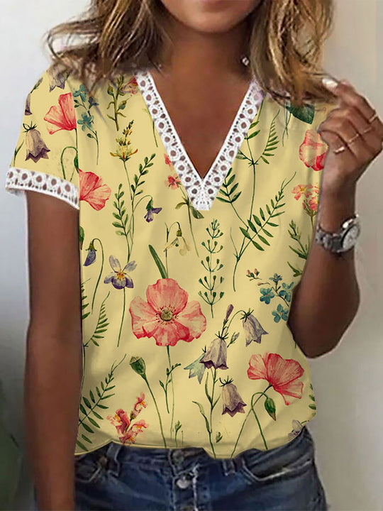 R&B | Elegantes T-Shirt mit Kurzen Ärmeln und V-Ausschnitt Print für Damen