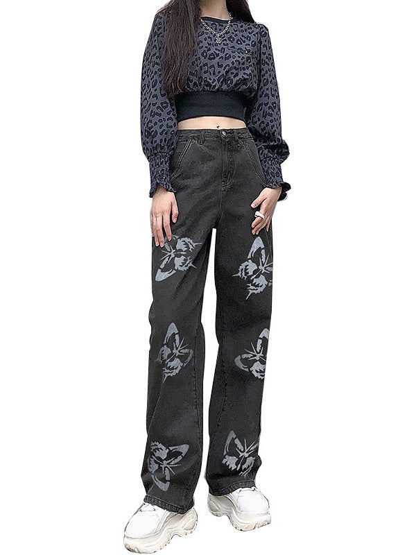 Damen Weit geschnittene Jeans mit kreativem Schmetterlingsdruck R&B
