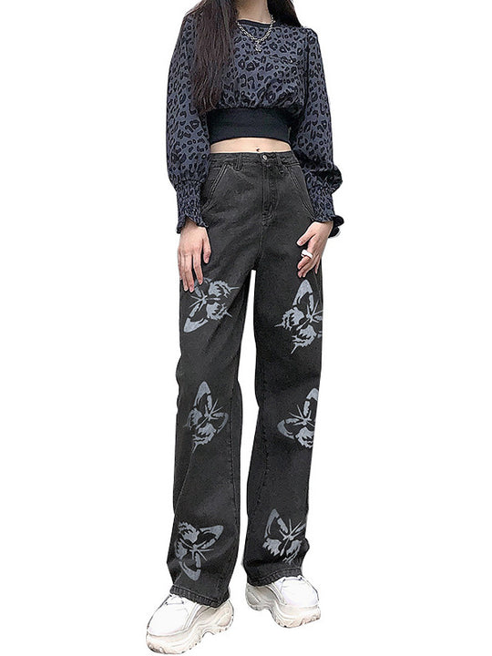 Damen Weit geschnittene Jeans mit kreativem Schmetterlingsdruck R&B