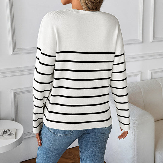 Damen Strickpullover mit V-Ausschnitt und modischem Streifenmuster R&B