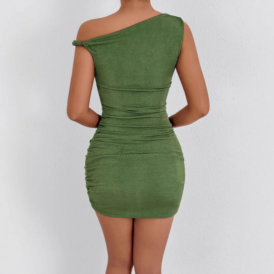 Damen gerafftes Minikleid mit asymmetrischem Ausschnitt und figurbetontem Schnitt R&B