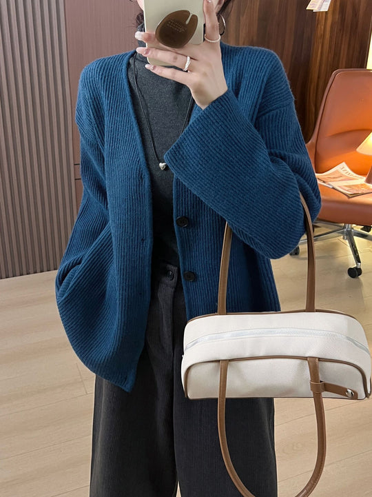 Damen Grob gestrickter Cardigan mit überschnittenen Schultern und Knopfverschluss R&B