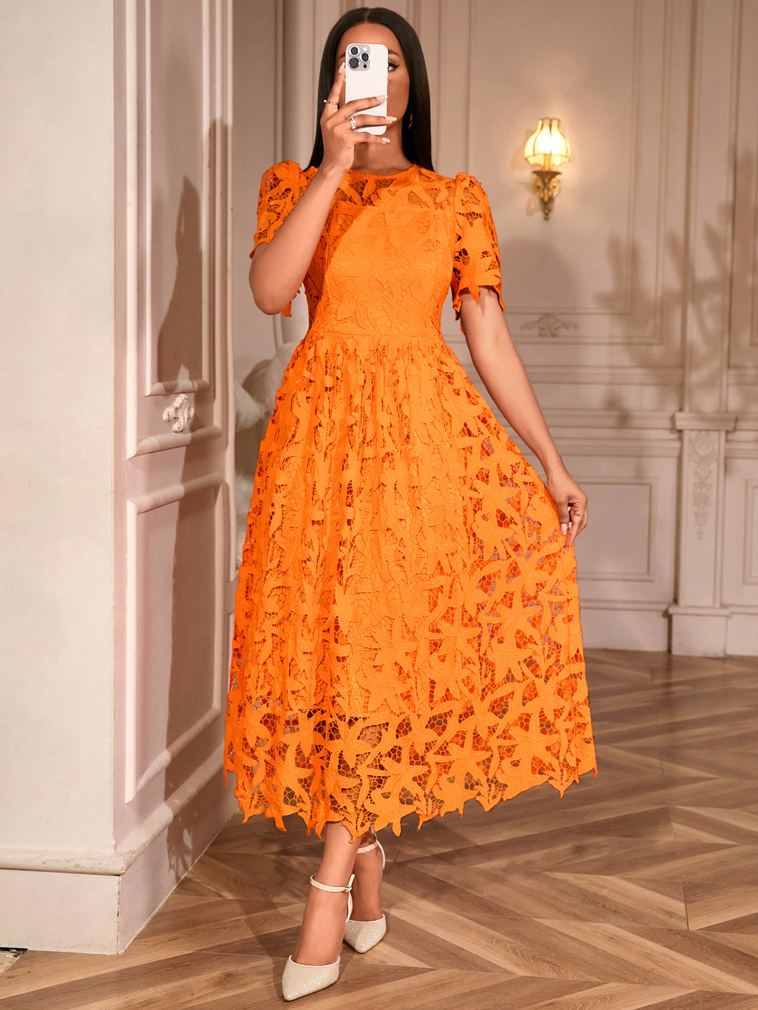 Damen Spitzen-Maxikleid mit floralem Design R&B