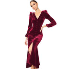 Damen Samt Maxikleid mit zentralem Knopfverschluss und seitlichem Schlitz R&B