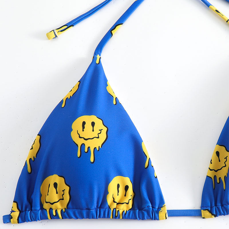 Damen Triangel-Bikini mit fröhlichem Smiley-Muster und verstellbaren BindR&Bändern R&B