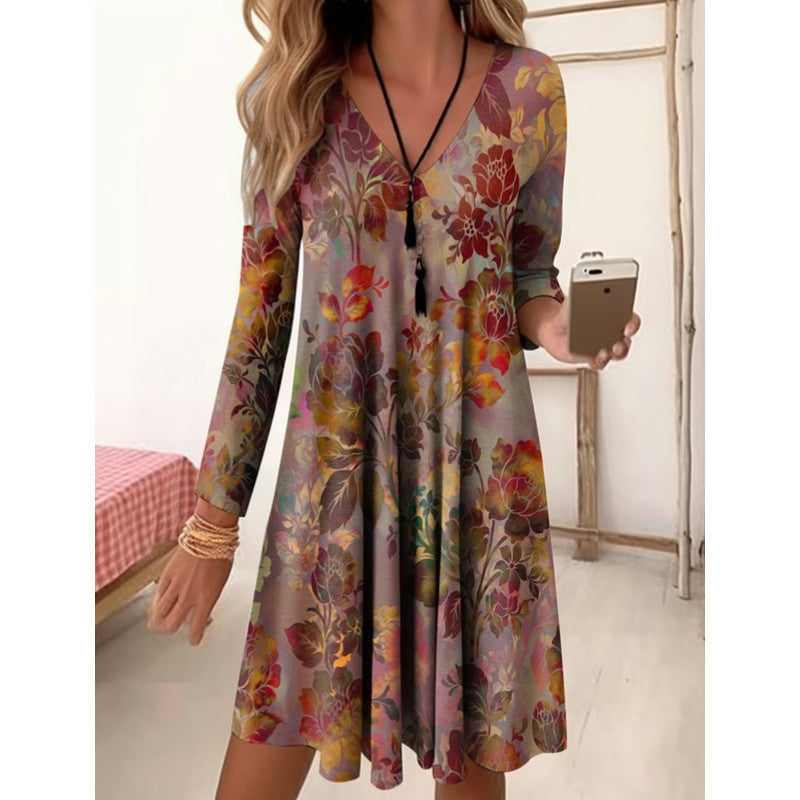 Damen V-Ausschnitt Freizeitkleid mit floraler Gestaltung und seitlichen Taschen R&B