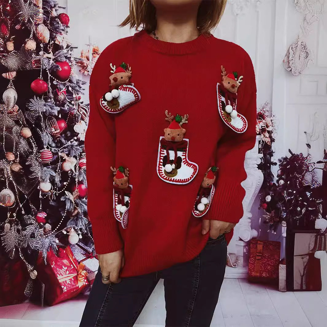 Damen Weihnachts-Strickpullover mit festlichem Rentier-Motiv und 3D-Details R&B