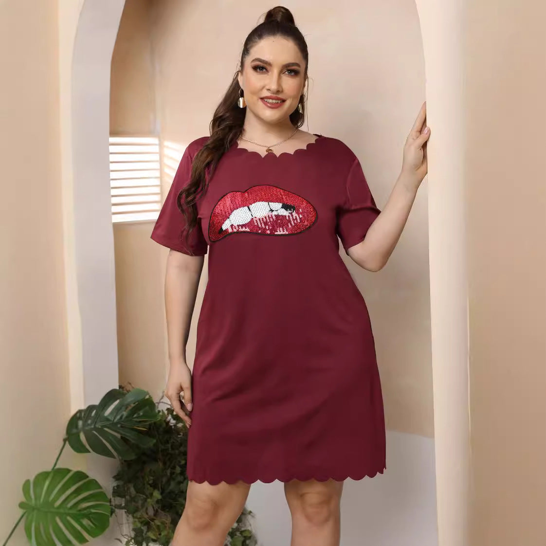 Damen lässiges Freizeitkleid mit verspieltem Lippen-Motiv R&B