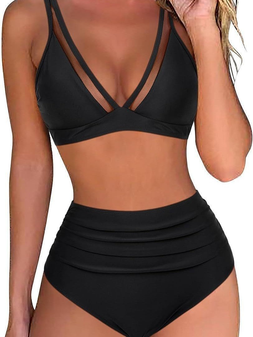 Damen Hoch tailliertes Bikini-Set mit Leopardenmuster und transparenten Einsätzen R&B